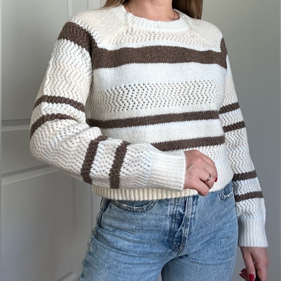 Open Knit Varigated Stripe Crew Neck Pullover Sweater - Picture 4 of 10